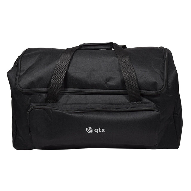 QTX General Equipment Bag comes in black and includes a front zippered pocket, side handles, and a QTX logo printed on the front. It also offers compartment separators for organized storage.