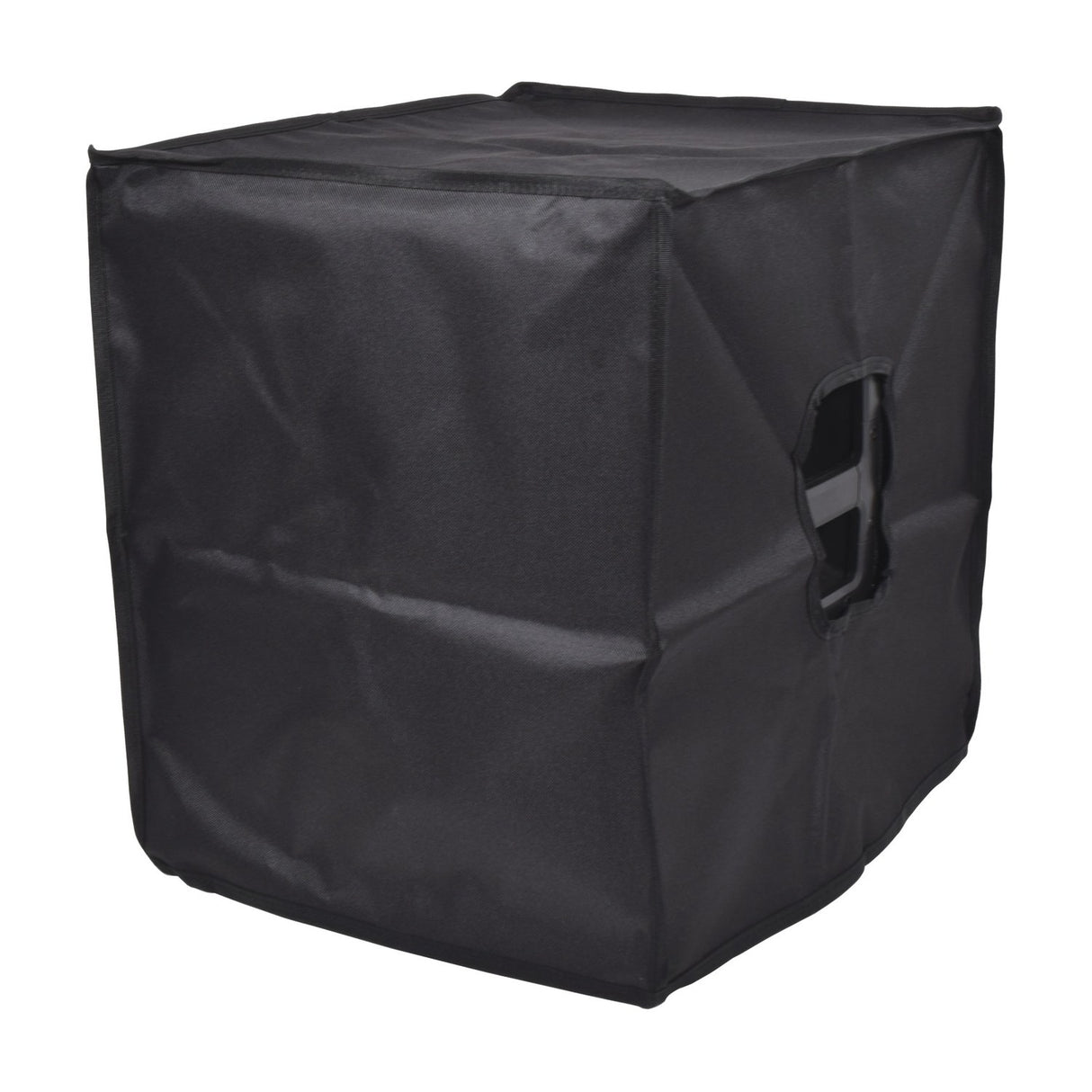 Citronic CASA-12B water-resistant black Oxford fabric slip cover fitted over a PA speaker cabinet with side handle access hole, on a white background.