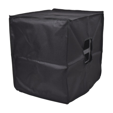 Citronic CASA-12B water-resistant black Oxford fabric slip cover fitted over a PA speaker cabinet with side handle access hole, on a white background.