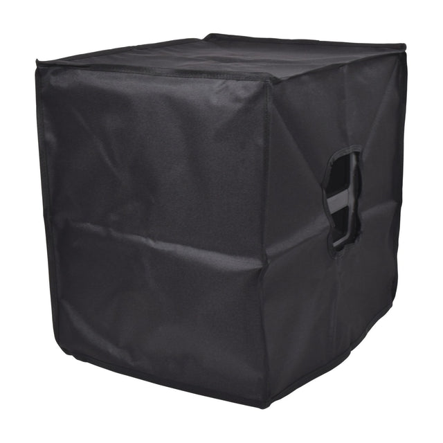 Citronic CASA-12B water-resistant black Oxford fabric slip cover fitted over a PA speaker cabinet with side handle access hole, on a white background.