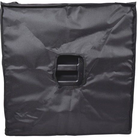 Citronic CASA-18B water-resistant slip cover in black 600 Denier Oxford fabric fitted to a speaker cabinet with cut-out revealing the carry handle.