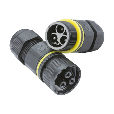 Two black IP68 16A Plug and Socket Cable Connectors with yellow rings feature three circular prongs and sockets. One connector stands upright while the other lies on its side, showcasing the internal connections for secure outdoor use.