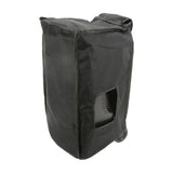 QTX B10COVER water-resistant black slip cover fitted over a Busker-10 speaker with side handle access hole and visible wheel, on a white background.