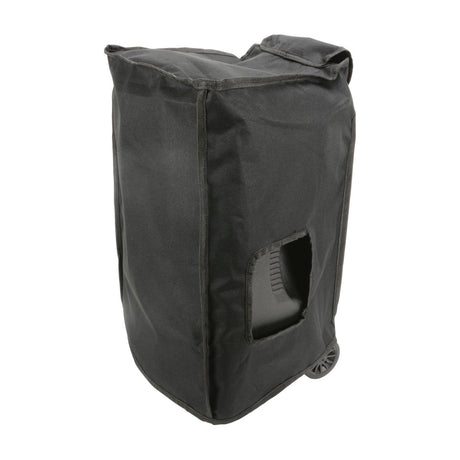 QTX B10COVER water-resistant black slip cover fitted over a Busker-10 speaker with side handle access hole and visible wheel, on a white background.