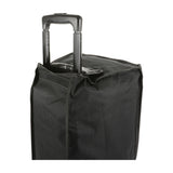 QTX B10COVER water-resistant black slip cover fitted over a Busker-10 PA speaker with extended retractable pull handle through the hook-and-loop flap.