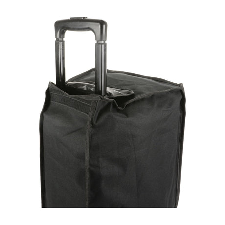 QTX B10COVER water-resistant black slip cover fitted over a Busker-10 PA speaker with extended retractable pull handle through the hook-and-loop flap.