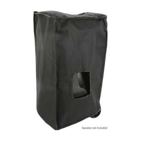 QTX B12COVER water-resistant black slip cover for Busker-12 speaker, with side handle access hole and pull-handle opening, shown on a white background.