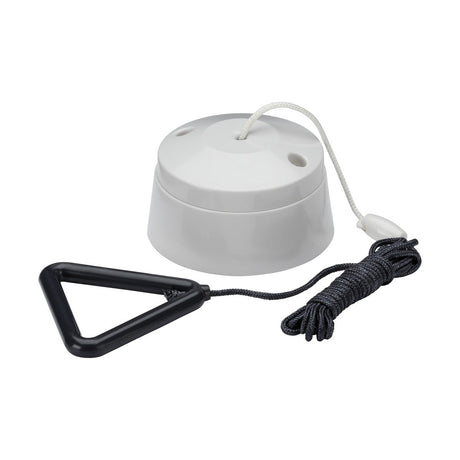 This 10AX 2-Way Pull Cord Switch [Part M Compliant] comes with a stylish black triangular handle and a white cord, making it perfect for bathroom applications. Part of our collection of lighting pull cord switches, this product merges streamlined design with essential wiring accessories. The black string is neatly coiled beside the switch.