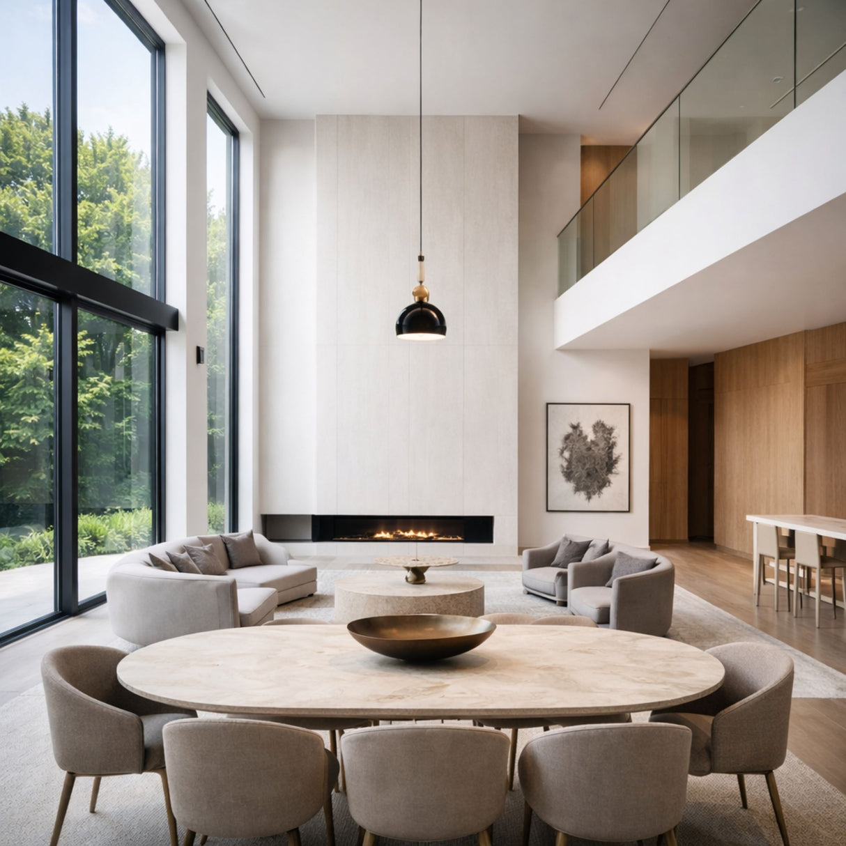 Modern living and dining area with high ceilings, floor-to-ceiling windows, neutral furniture, a minimalist fireplace, round dining table with chairs, and the Bon Light Pendant Light - Black illuminating the naturally lit space.