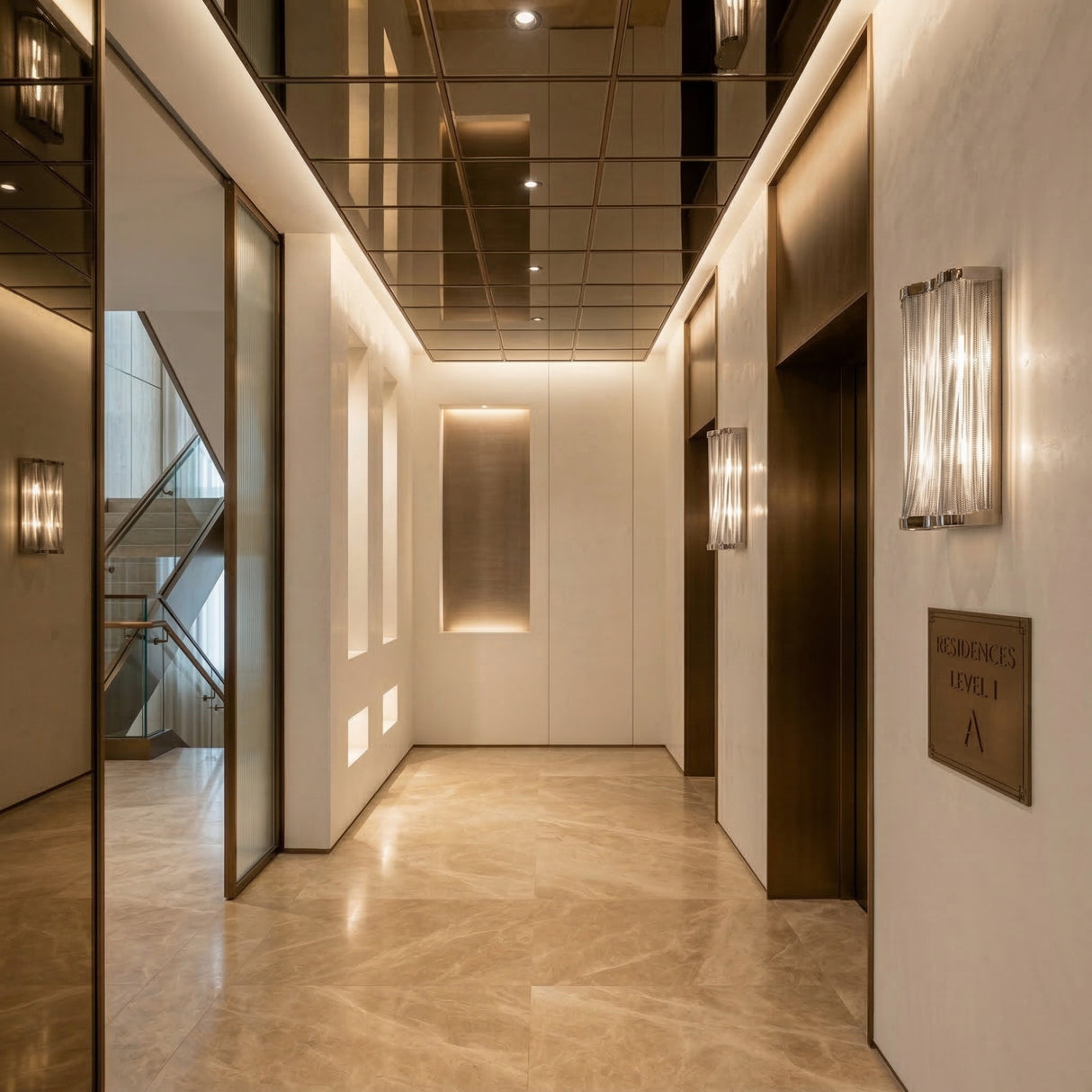 Modern, elegant elevator lobby with marble floors, warm lighting, and sculptural Mireya 6 Light Metal Chain Veil Wall Light - Nickel. Features a mirrored ceiling, two elevators, a sign reading Residences Level 1 A, and a staircase visible through a glass panel.