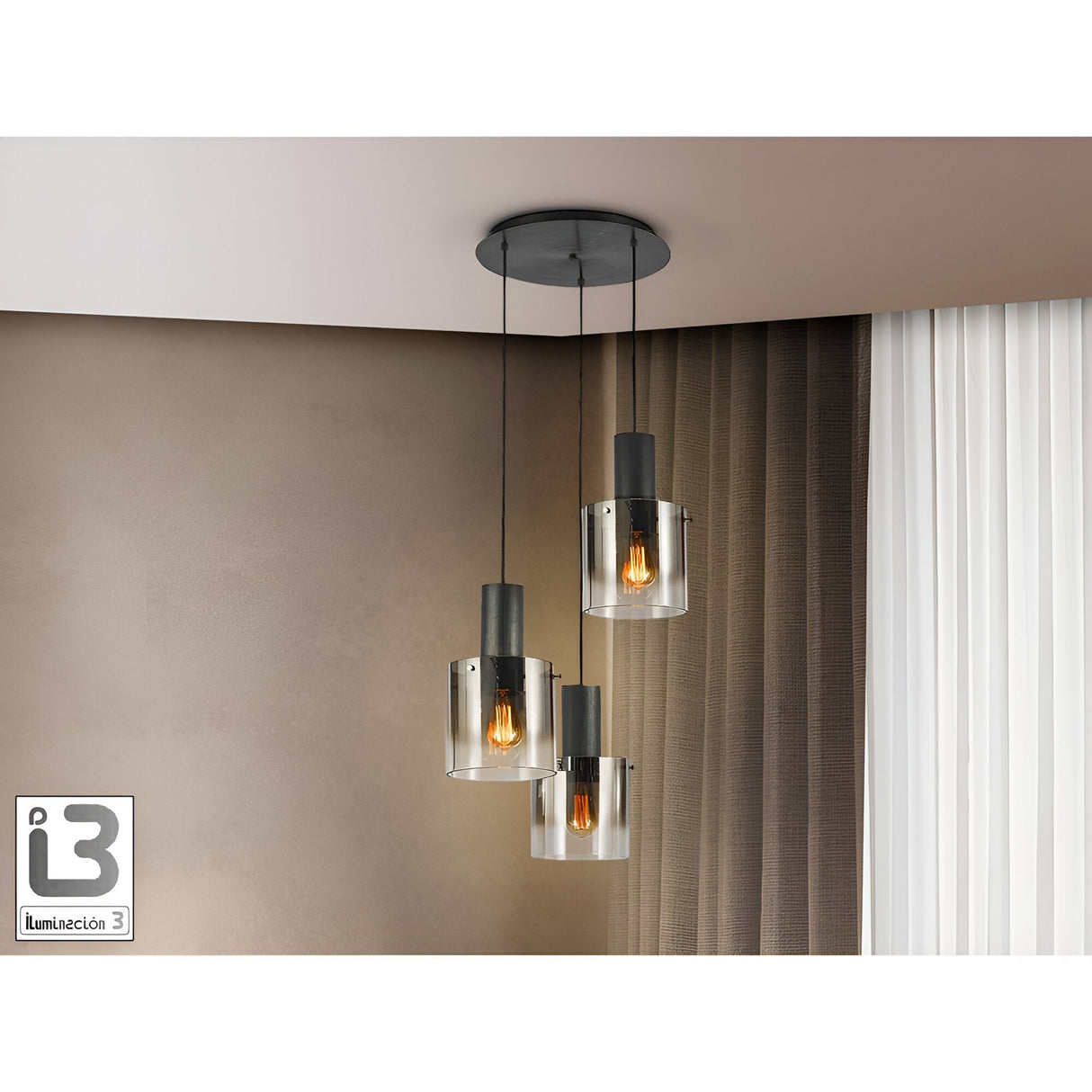 I3 - Venize 3 Light Glass Cluster Pendant - Smoked Black