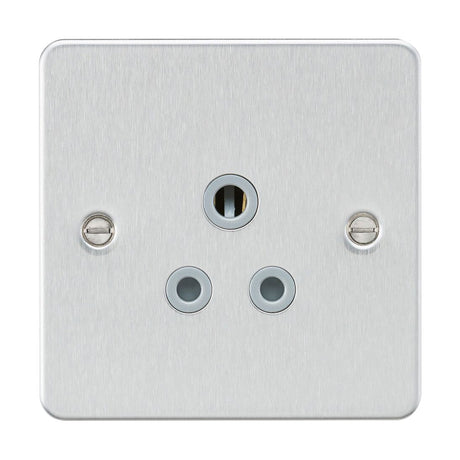 Introducing the 5A Unswitched Socket with a sophisticated brushed chrome finish and a grey insert. This flat plate metal electrical wall socket includes a round pin socket arranged in a triangular pattern with three holes. It is designed for ease of installation, featuring two screws on either side for secure mounting.