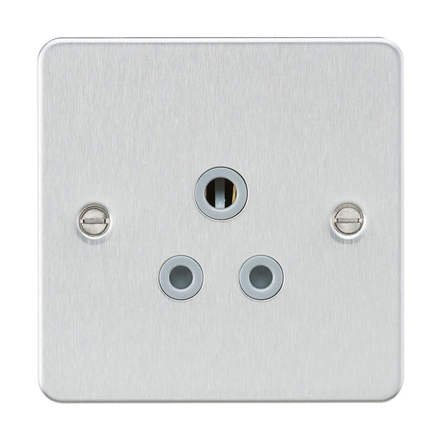 Introducing the 5A Unswitched Socket with a sophisticated brushed chrome finish and a grey insert. This flat plate metal electrical wall socket includes a round pin socket arranged in a triangular pattern with three holes. It is designed for ease of installation, featuring two screws on either side for secure mounting.