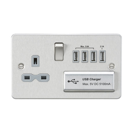 13A Switched Socket with Quad USB-A (5V DC 5.1A shared) - Brushed Chrome with Grey Insert