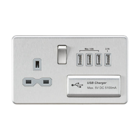 13A Switched Socket with Quad USB-A (5V DC 5.1A shared) - Brushed Chrome with Grey Insert