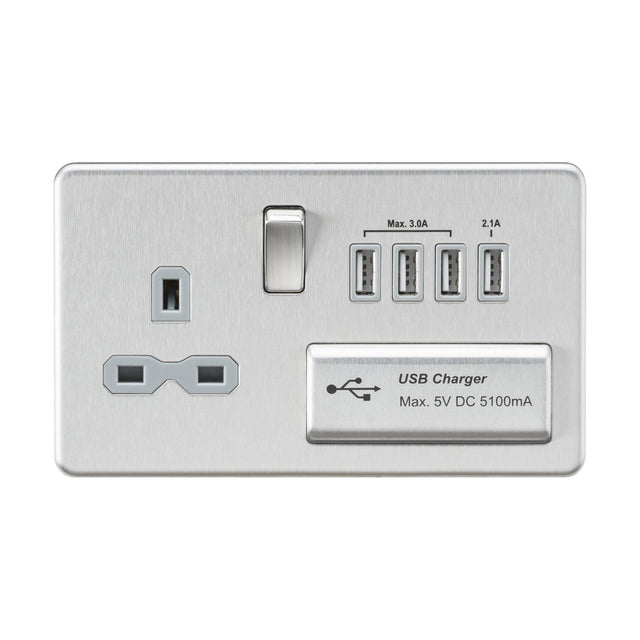 13A Switched Socket with Quad USB-A (5V DC 5.1A shared) - Brushed Chrome with Grey Insert