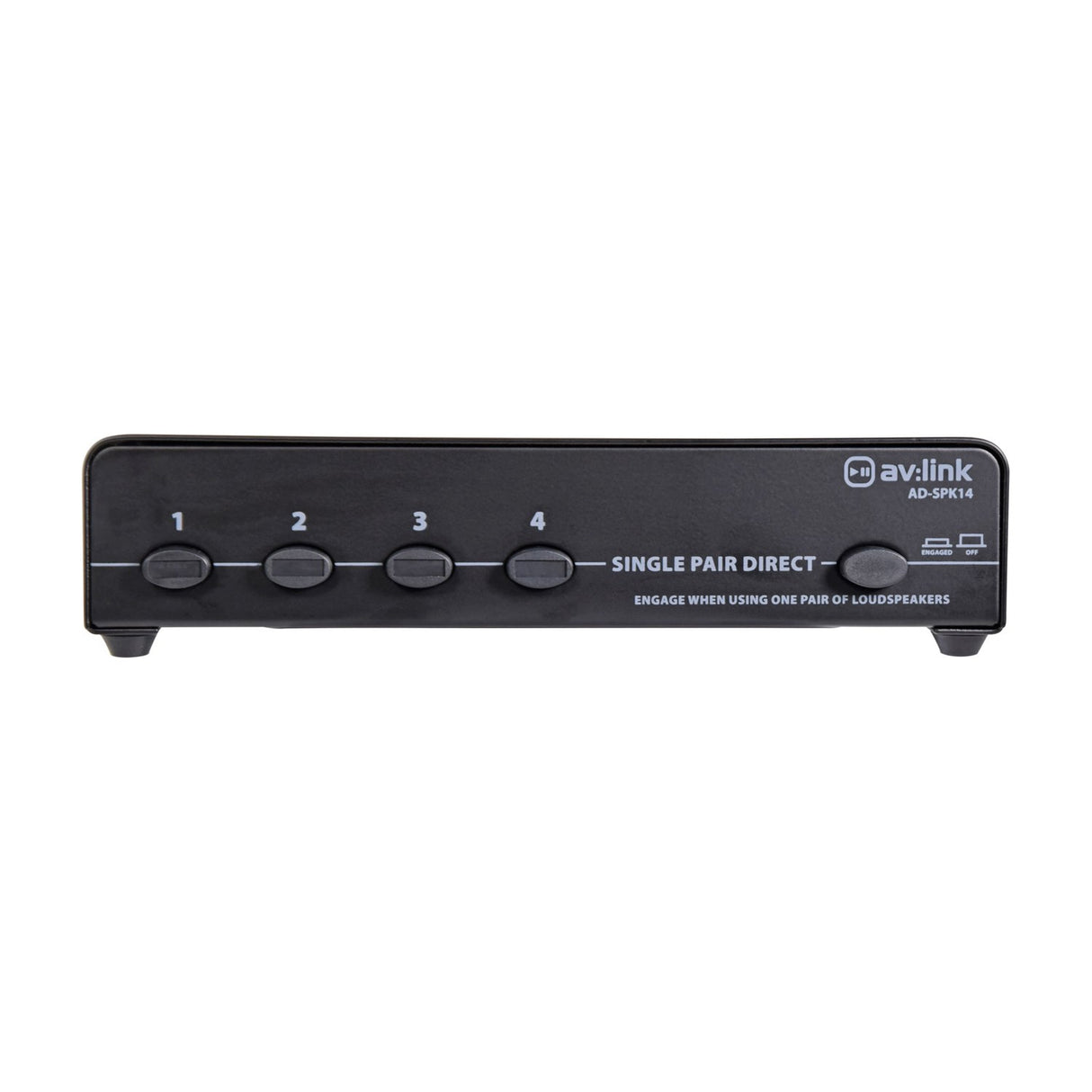 AV:Link AD-SPK14 4-way loudspeaker selector in matte black with numbered push-buttons and single pair direct switch, shown on a plain white background.