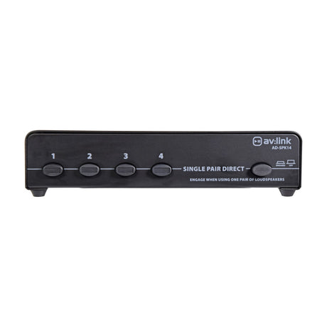 AV:Link AD-SPK14 4-way loudspeaker selector in matte black with numbered push-buttons and single pair direct switch, shown on a plain white background.