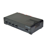 AV:Link AD-SPK14 4-way loudspeaker selector in matte black with four numbered push-buttons, single pair direct switch and side vents on a white background.