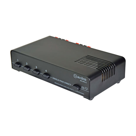 AV:Link AD-SPK14 4-way loudspeaker selector in matte black with four numbered push-buttons, single pair direct switch and side vents on a white background.