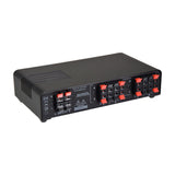 Rear view of the AVSL AV:Link AD-SPK14 4-way loudspeaker selector showing stereo input and four stereo output spring clip terminals on a white background.