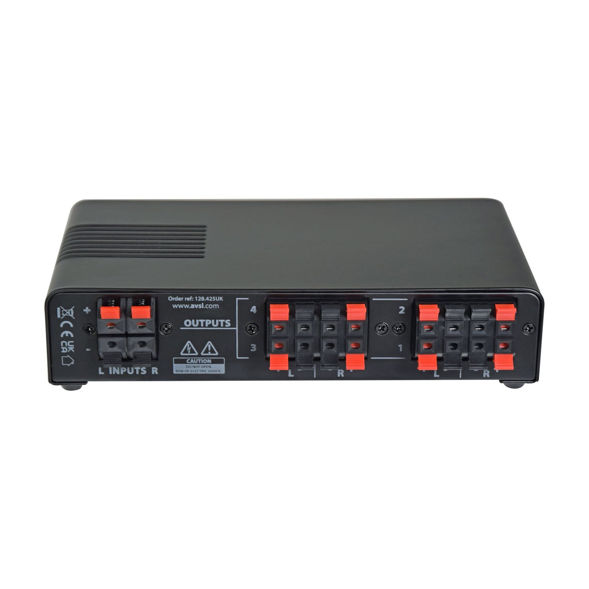 Rear view of the AVSL AV:Link AD-SPK14 4-Way Loudspeaker Selector showing stereo input and four stereo spring clip output terminals on a white background.
