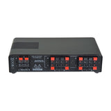 Rear view of the AVSL AV:Link AD-SPK14 4-Way Loudspeaker Selector showing stereo input and four stereo spring clip output terminals on a white background.
