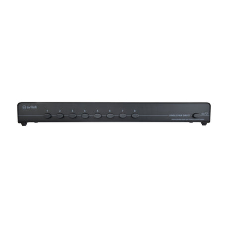 AV:Link AD-SPK18 8-Way Loudspeaker Selector Switch in black, front panel with numbered 1–8 push-buttons and single pair direct toggle, on white background.