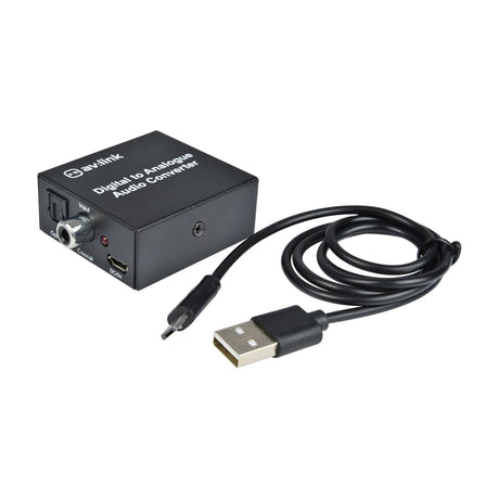 AV:Link DAC7 Digital to Analogue Audio Converter in a compact black casing with optical, coaxial and micro USB inputs, shown with supplied USB power lead.