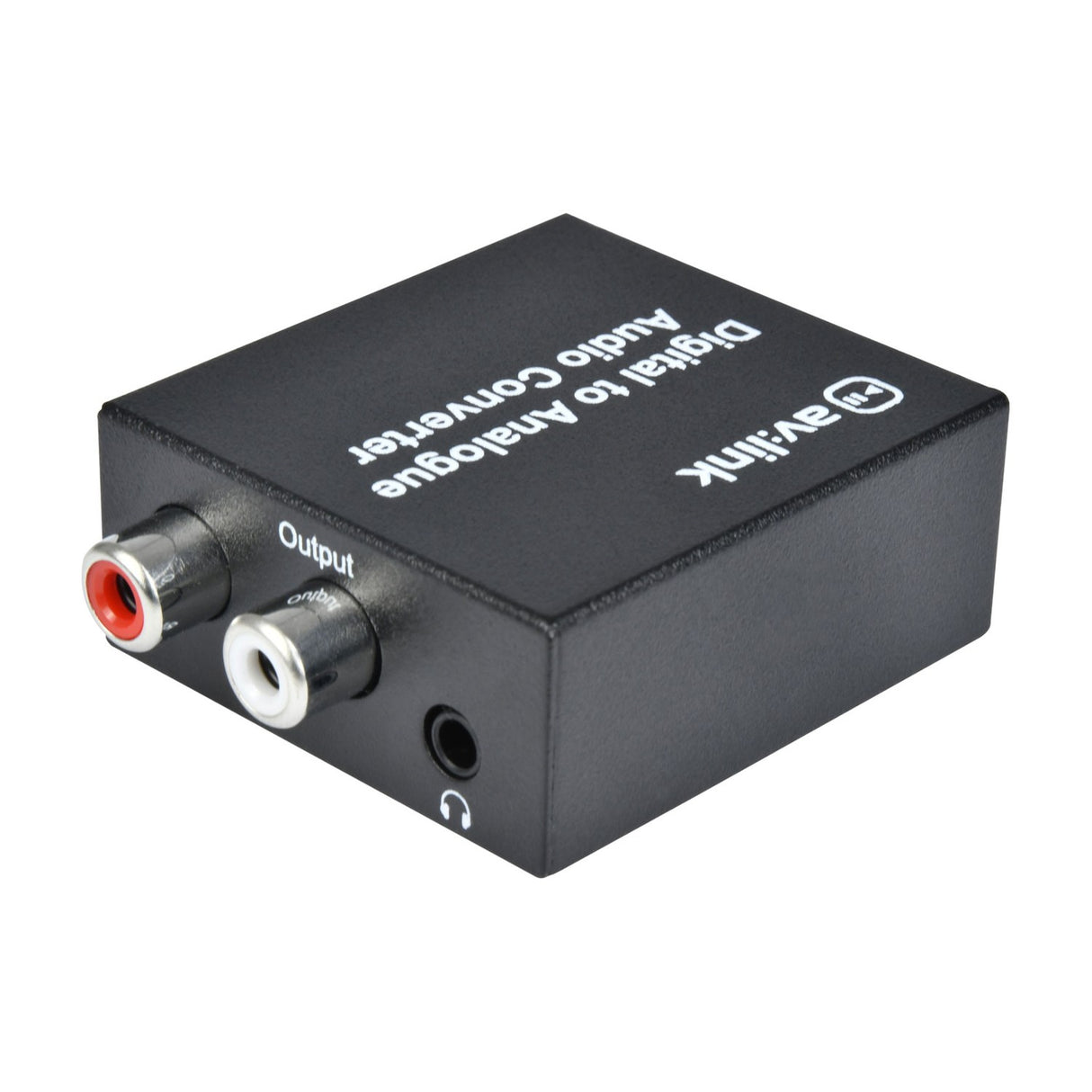 AV:Link DAC7 Digital to Analogue Audio Converter in a compact black casing with red and white RCA output sockets and a 3.5mm headphone jack.