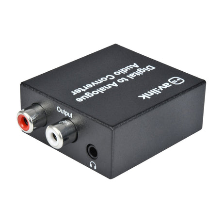 AV:Link DAC7 Digital to Analogue Audio Converter in a compact black casing with red and white RCA output sockets and a 3.5mm headphone jack.