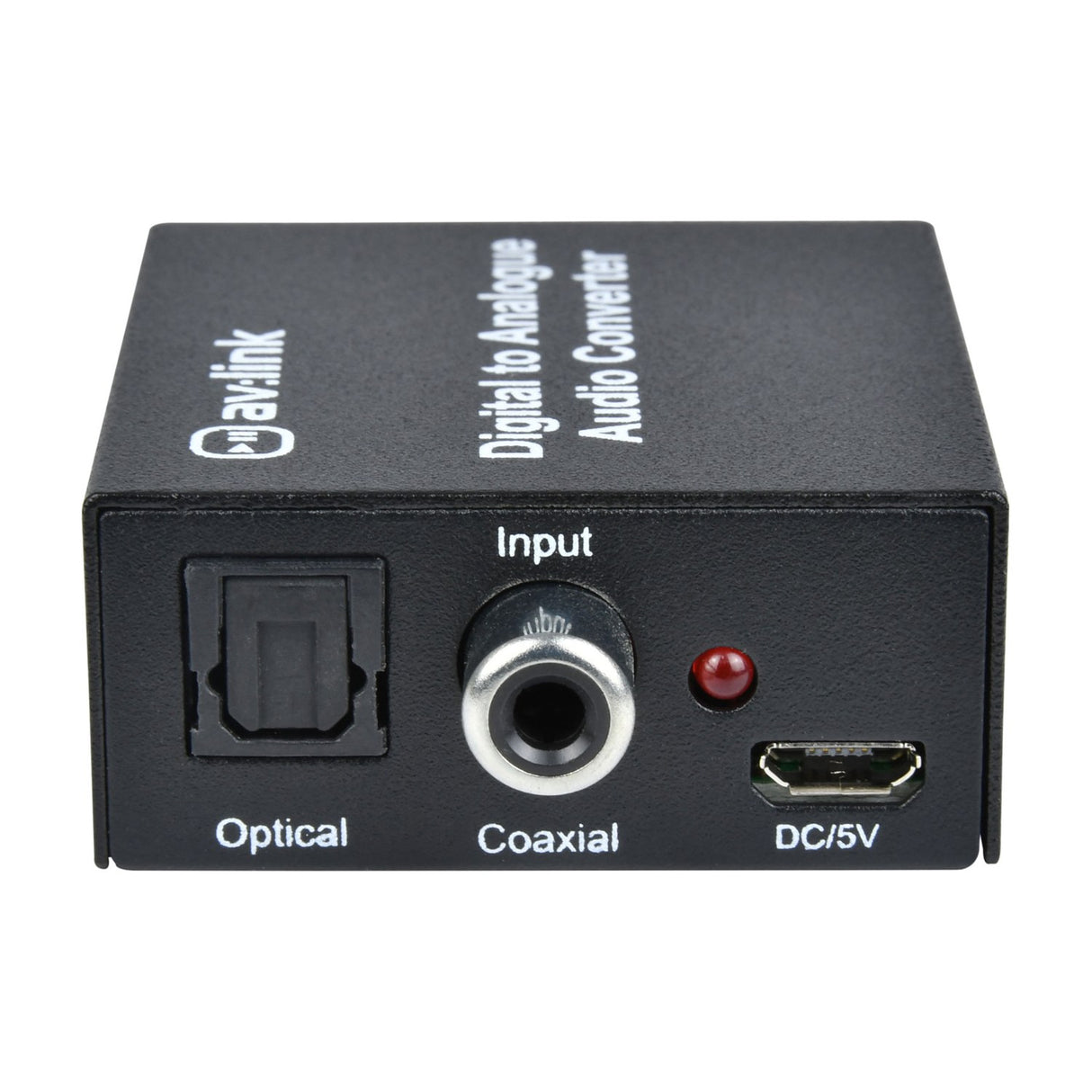 AV:Link DAC7 Digital to Analogue Audio Converter in black casing showing optical and coaxial inputs, red LED indicator and micro USB DC/5V power port.