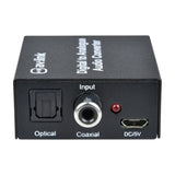 AV:Link DAC7 Digital to Analogue Audio Converter in black casing showing optical and coaxial inputs, red LED indicator and micro USB DC/5V power port.