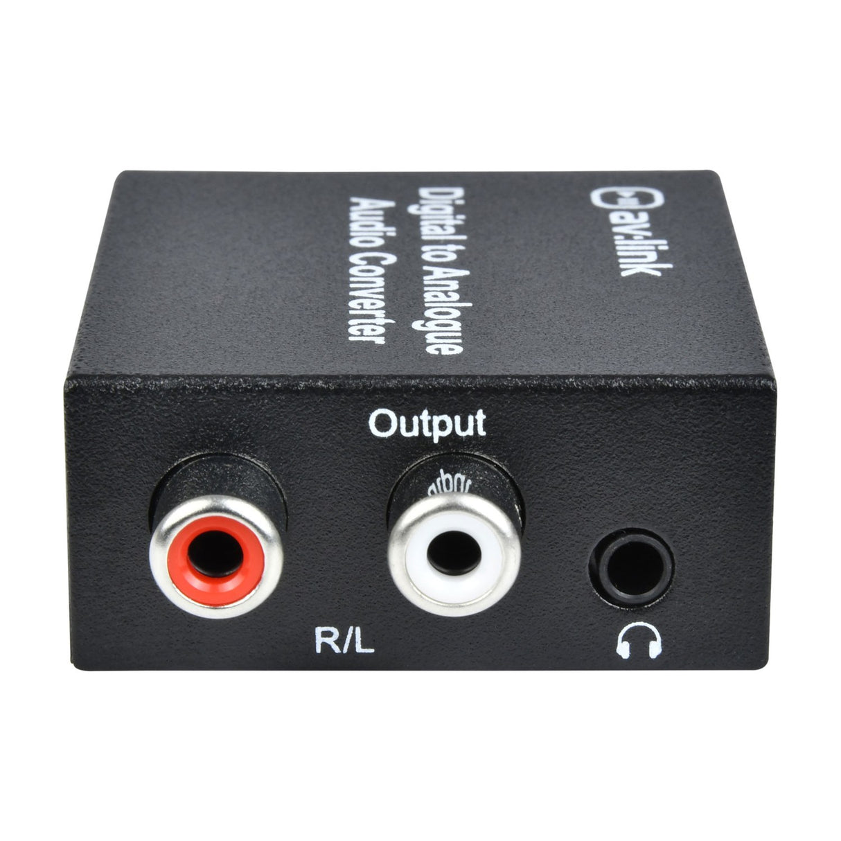 AV:Link DAC7 Digital to Analogue Audio Converter output side showing red and white RCA L/R phono sockets and a 3.5mm headphone jack.