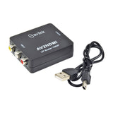 AV:Link AV2HDMI RCA composite to HDMI 1080p upscaler in black with yellow, white and red RCA inputs, shown with mini-USB cable on a white background.