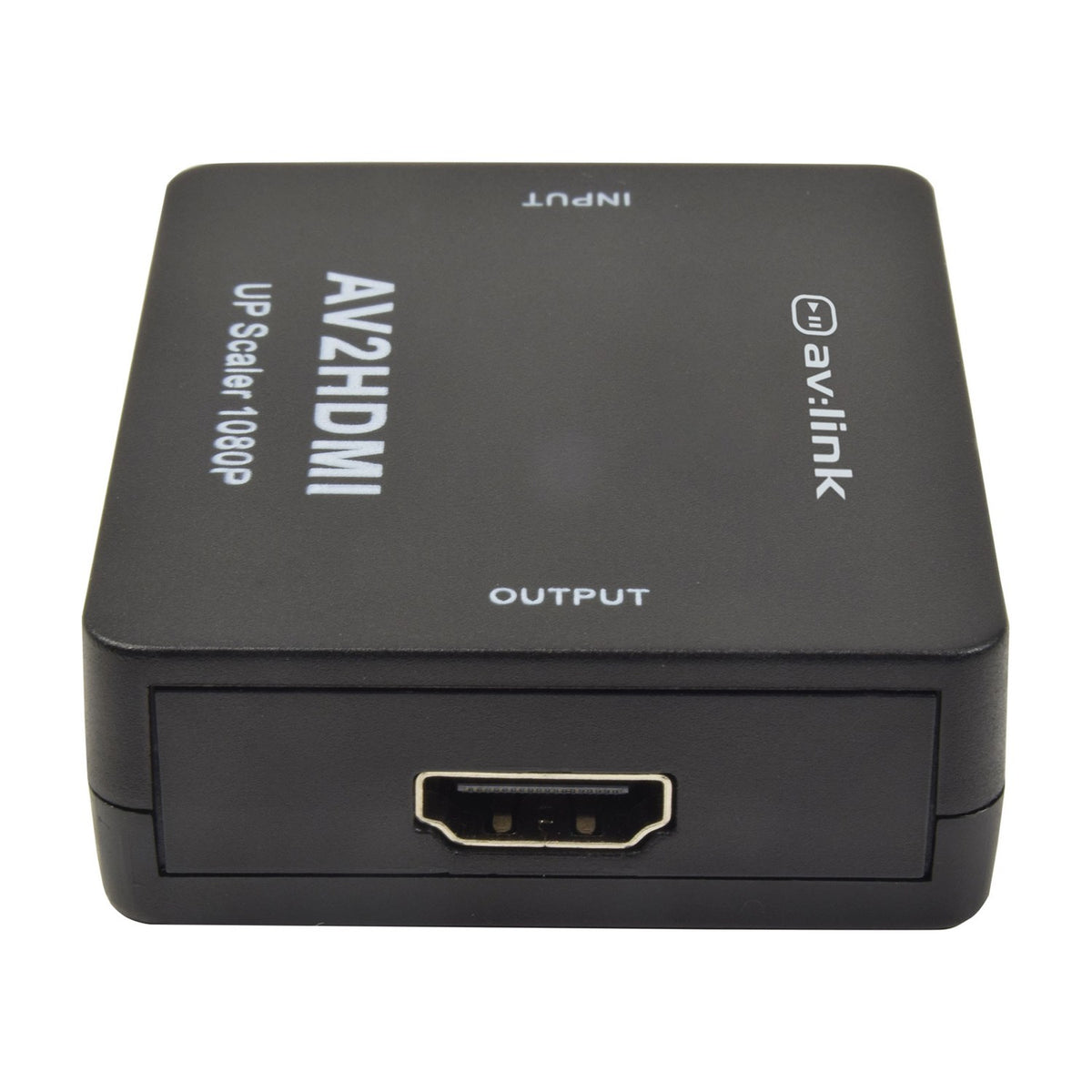 AV:Link AV2HDMI RCA composite to HDMI 1080p upscaler in matte black casing, showing the HDMI output port on the front panel against a white background.