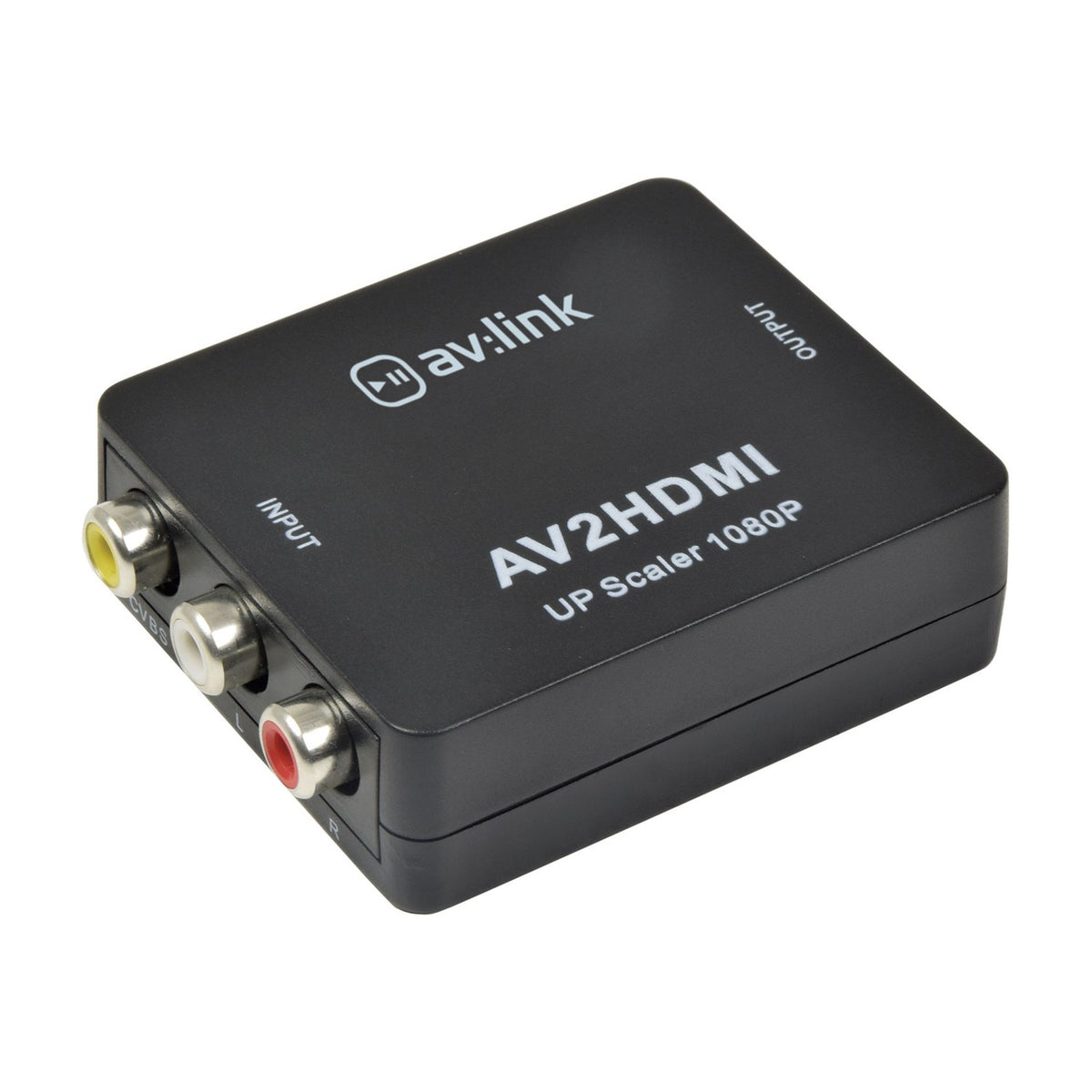 AV:Link AV2HDMI RCA composite to HDMI 1080p upscaler in black casing with yellow, white and red RCA input sockets, shown on a white background.