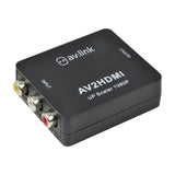 AV:Link AV2HDMI RCA composite to HDMI 1080p upscaler in black casing with yellow, white and red RCA input sockets, shown on a white background.
