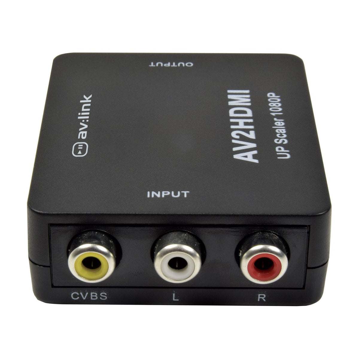 AV:Link AV2HDMI composite to HDMI upscaler with yellow CVBS video and red and white stereo audio RCA input sockets on a black casing.