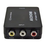 AV:Link AV2HDMI composite to HDMI upscaler with yellow CVBS video and red and white stereo audio RCA input sockets on a black casing.