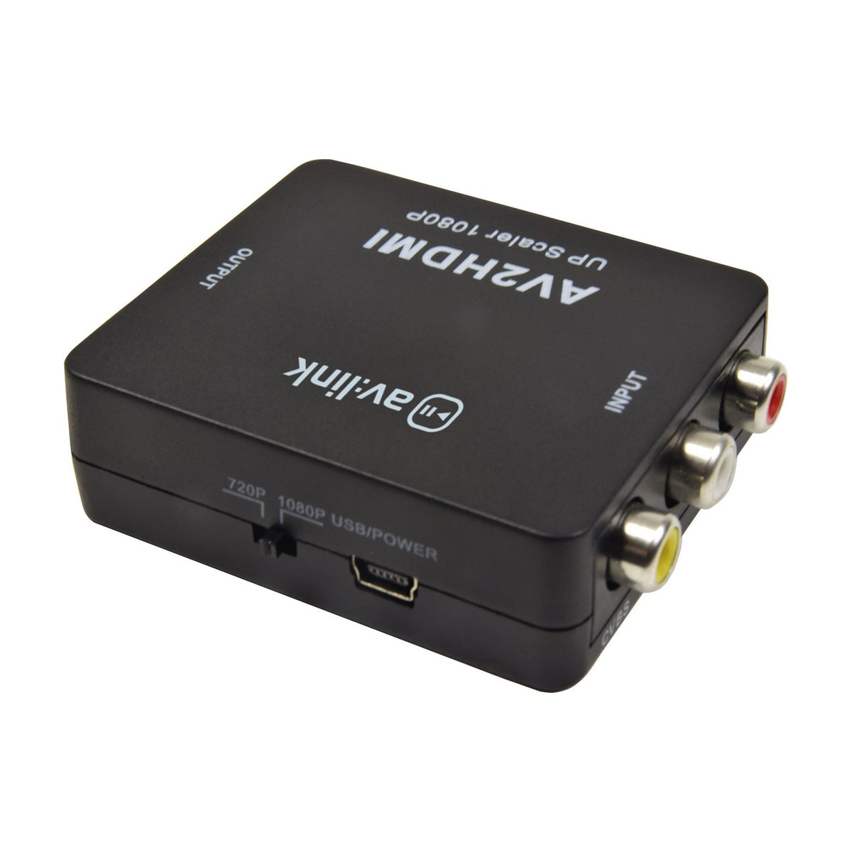 AV:Link AV2HDMI RCA composite to HDMI 1080p upscaler in black, showing three RCA input sockets, mini-USB power port and 720p/1080p resolution switch.