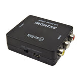 AV:Link AV2HDMI RCA composite to HDMI 1080p upscaler in black, showing three RCA input sockets, mini-USB power port and 720p/1080p resolution switch.