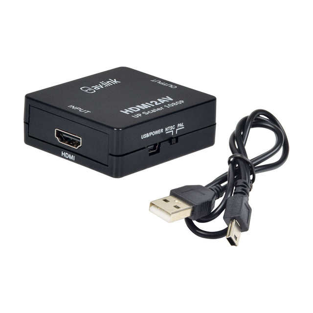 AV:Link HDMI2AV up scaler 1080p converter in black casing with HDMI input, USB power port and PAL/NTSC switch, shown with mini USB cable on white.
