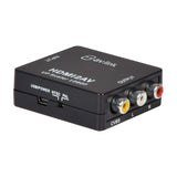 AV:Link HDMI2AV converter in black metal casing with mini USB power port, PAL/NTSC switch, and yellow, white, and red RCA output sockets.