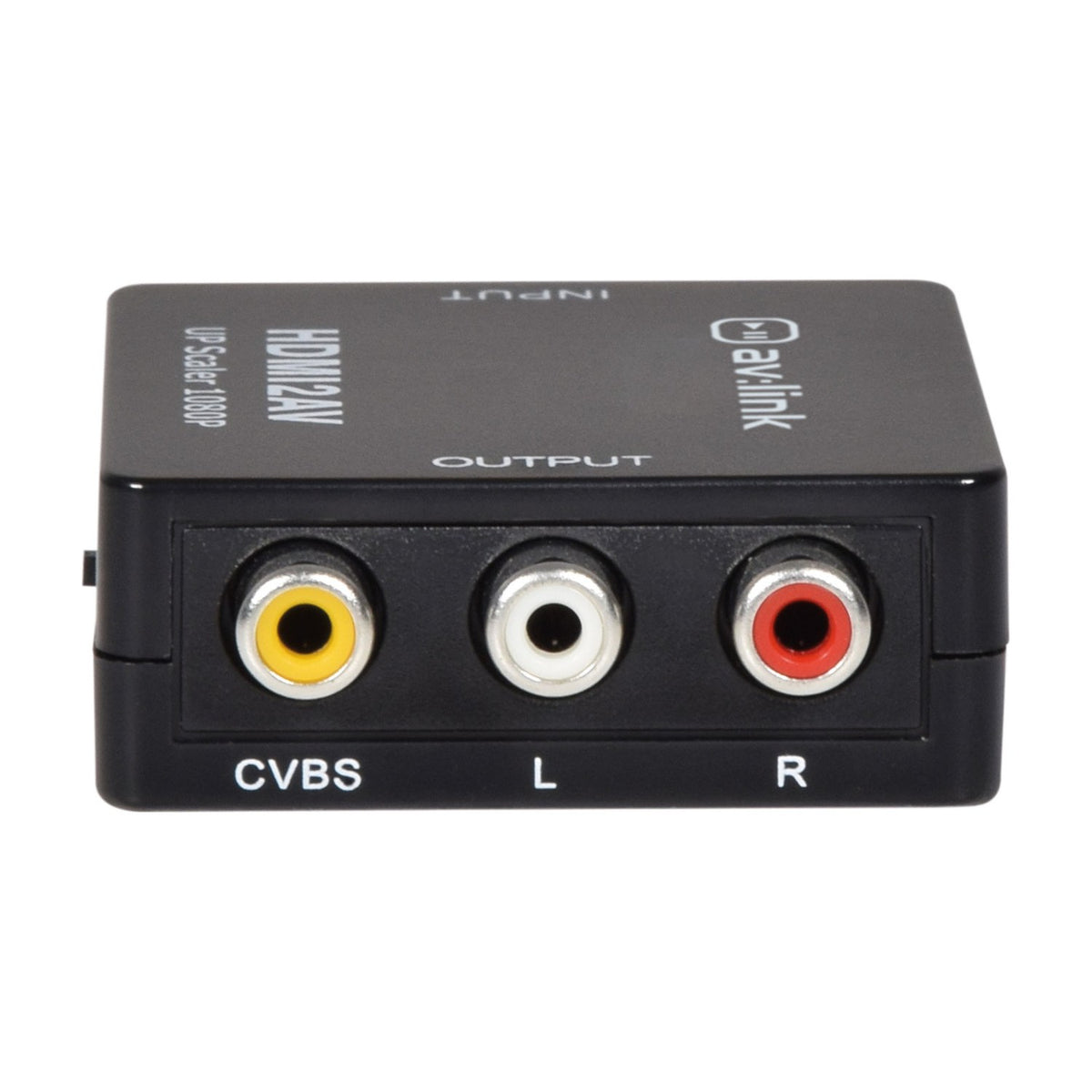 AV:Link HDMI to Composite RCA AV converter in black metal casing, showing three colour-coded RCA output sockets for CVBS video and L/R audio.