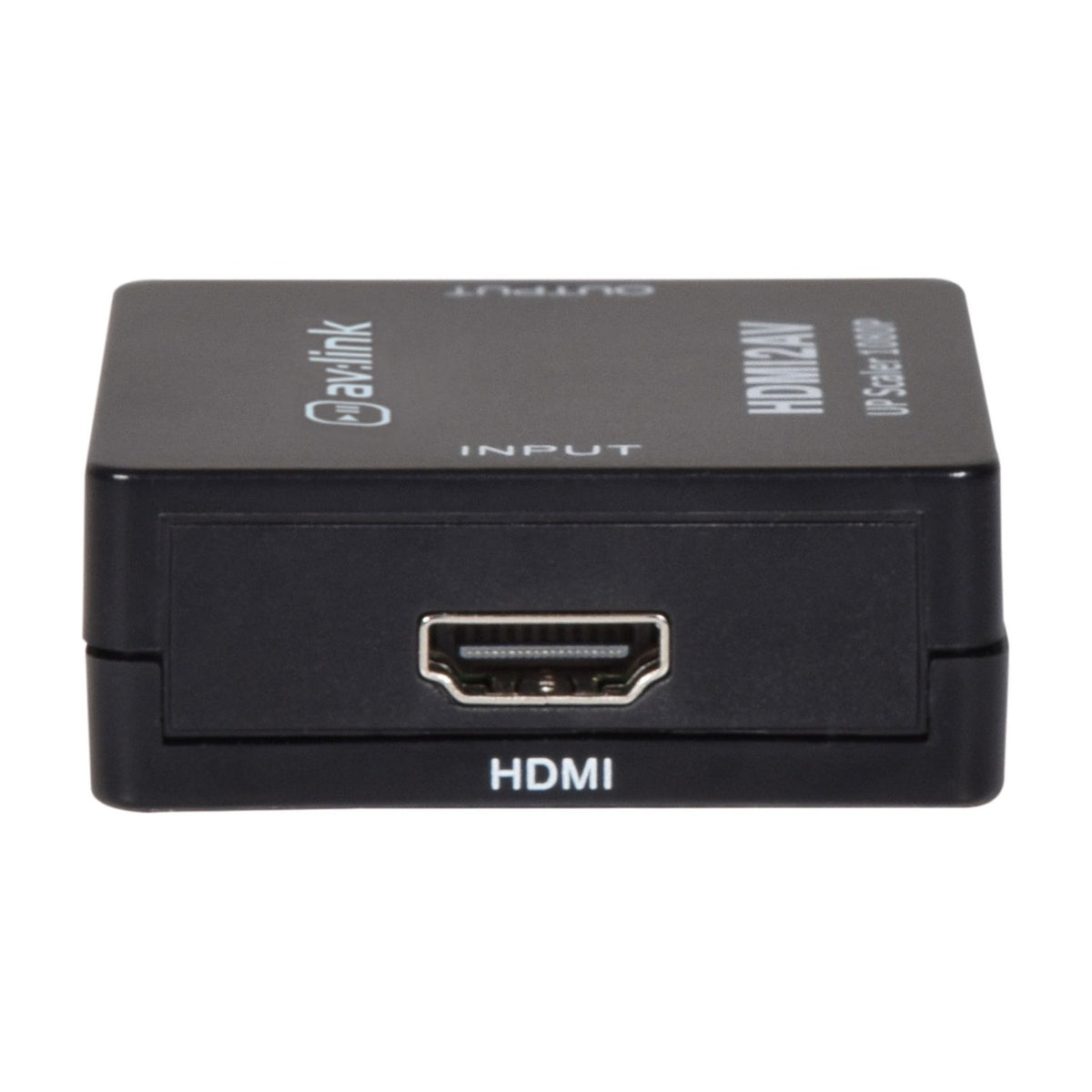 AV:Link HDMI to Composite RCA AV converter, black metal-cased unit shown from the HDMI input side with labelled port on a white background.
