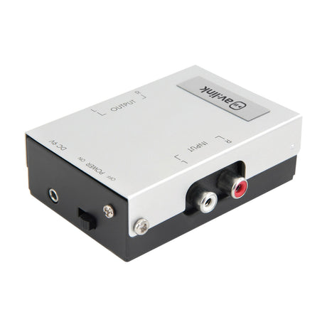 AV:Link STP-2 phono pre-amplifier for turntables, compact silver and black metal unit with RCA input sockets, power switch and DC 9V socket.