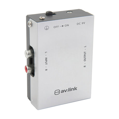 AV:Link STP-2 phono pre-amplifier for turntables, compact silver metal casing with on/off switch, grounding screw, RCA input sockets and DC 9V labelling.