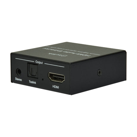 AV:Link 4K HDMI Digital Audio Extractor in a compact black metal casing, front panel showing 3.5mm stereo, Toslink optical and HDMI output ports.