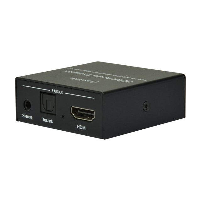 AV:Link 4K HDMI Digital Audio Extractor in a compact black metal casing, front panel showing 3.5mm stereo, Toslink optical and HDMI output ports.
